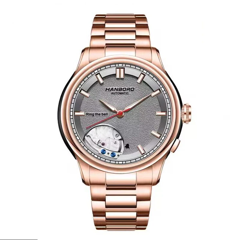 HANBORO Men Automatic Watch Fashion Alarm Mechanical Wristwatch Waterproof Sapphire Mirror C3 Luminous Ring Bell Miyota 9015