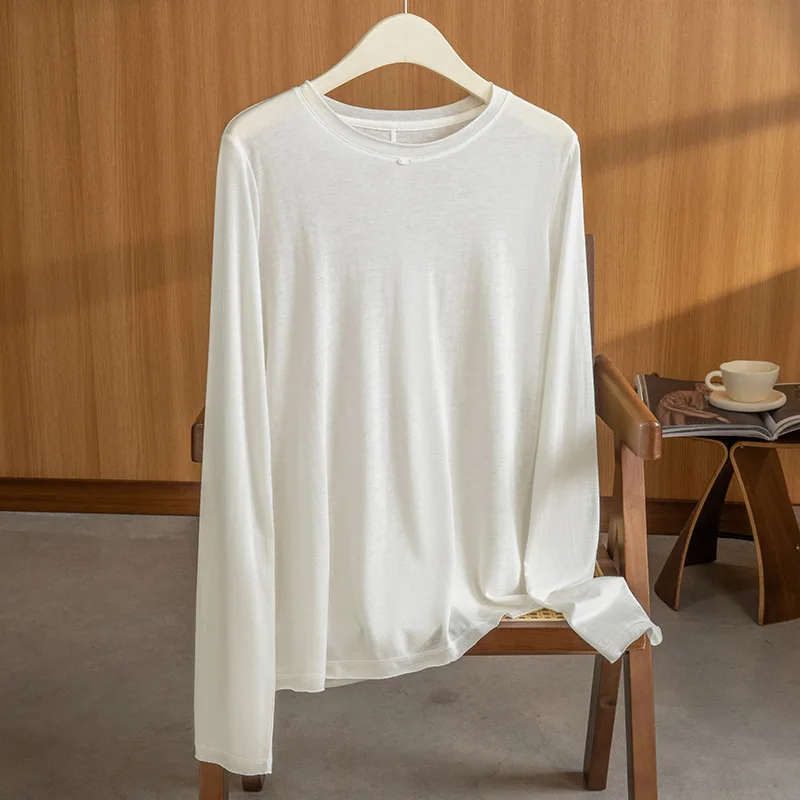 

Women Lyocell T Shirt Round Neck Light Weight Tops Tees Raw Trim
