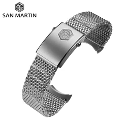 San Martin Brushed Steel Mesh Milanese Bracelet For 20mm Lug Size Watch Fly Adjust Clasp Curved End Links For SN0008 SN0054