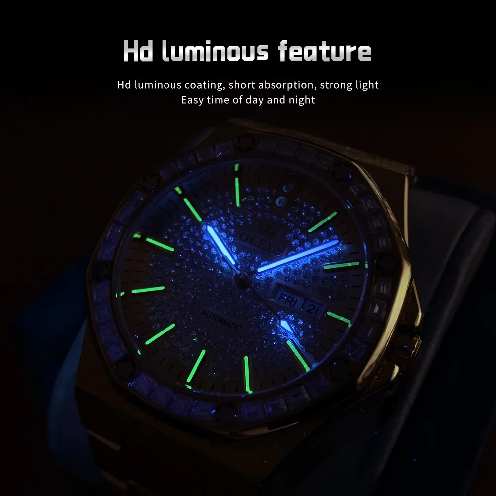 OLEVS 9803 Original Mechanical Watch For Men Diamond Week Date Display Automatic Wristwatch Waterproof Luminous Luxury Man Watch