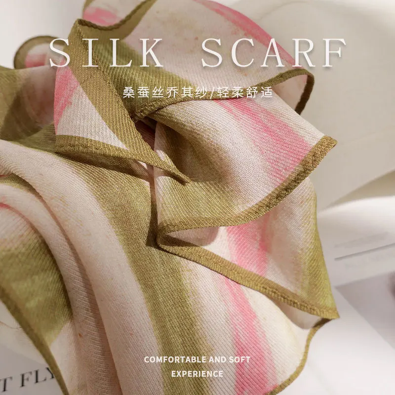

Шелковый шарф-фулярд 100% шелк, женский, люксовый, высококачественный, тонкий, розовый, элегантный, класса люкс, весна-лето, женские шарфы
