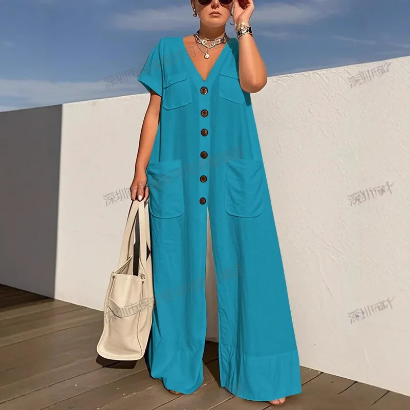 ฤดูร้อนสีทึบแฟชั่นJumpsuitsสําหรับผู้หญิงVคอSingle-Breasted Pocket ElegantสีทึบสบายๆเดินทางJumpsuits