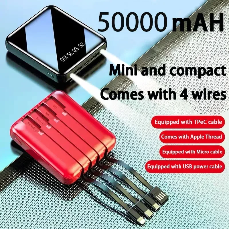 50000mAh Power Bank Mirror Digital Display Screen Built-In Cord Mobile Power Supply Compact Portable Mobile Phone Accessories