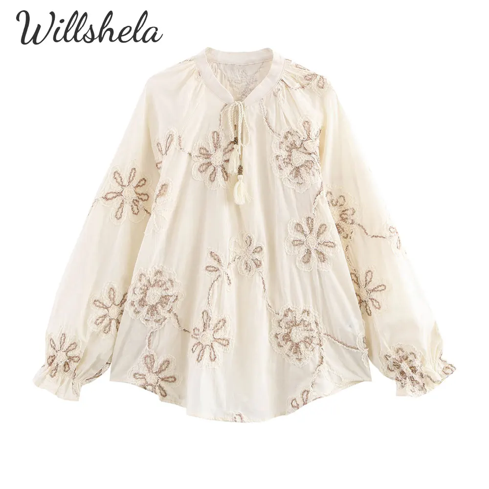 

Willshela Women Fashion Vintage Floral Embroidery Tops Blouse Long Sleeves Female Chic Lady Casual Mujer Tops Shirt