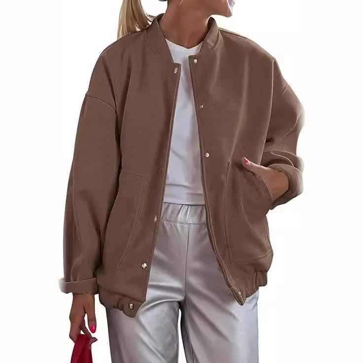 Blouson aviateur à manches longues pour femme, veste courte boutonnée, combb de poche, mode décontractée, automne et hiver