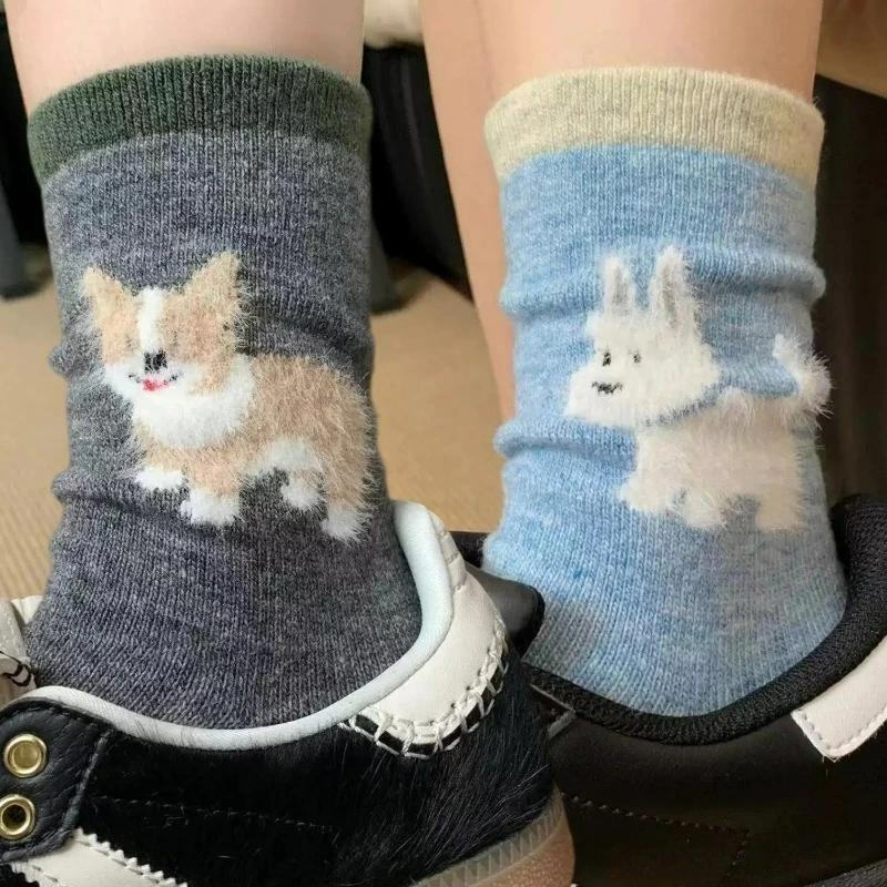 

1/5Pairs Fashion Plush Dog Pattern Socks Velvet-flocked Women Autumn Kawaii Cartoon Female Cotton Dogs Mid-tube Stockings