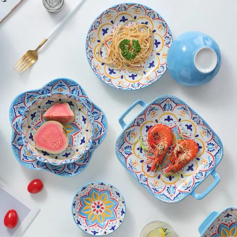 Ceramic Tableware Set Rice Bowl Creative Cutlery Cup Soup Plate Noodle Handle Bowl Sauce Dish Salad Fruit Vegetables Plate