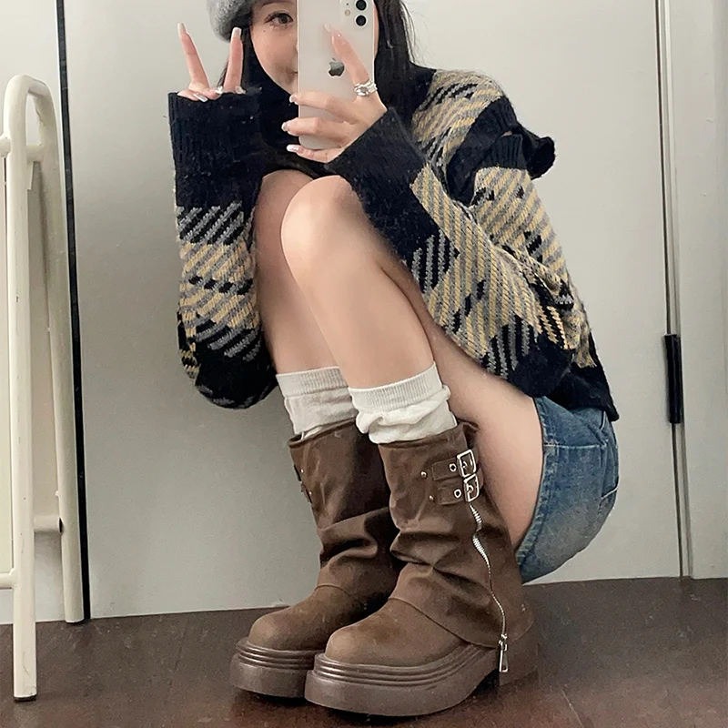 Women Short Boots Fashion Side Zippers Platform Thick Heel Motorcycle Booties Retro Style Autumn Winter Female Shoes