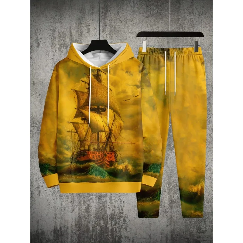 2025 الربيع والخريف مواسمين رياضية غير رسمية ثلاثية الأبعاد مطبوعة الرجال الكتف نمط هوديي السراويل العليا مزيج قطعتين مجموعة