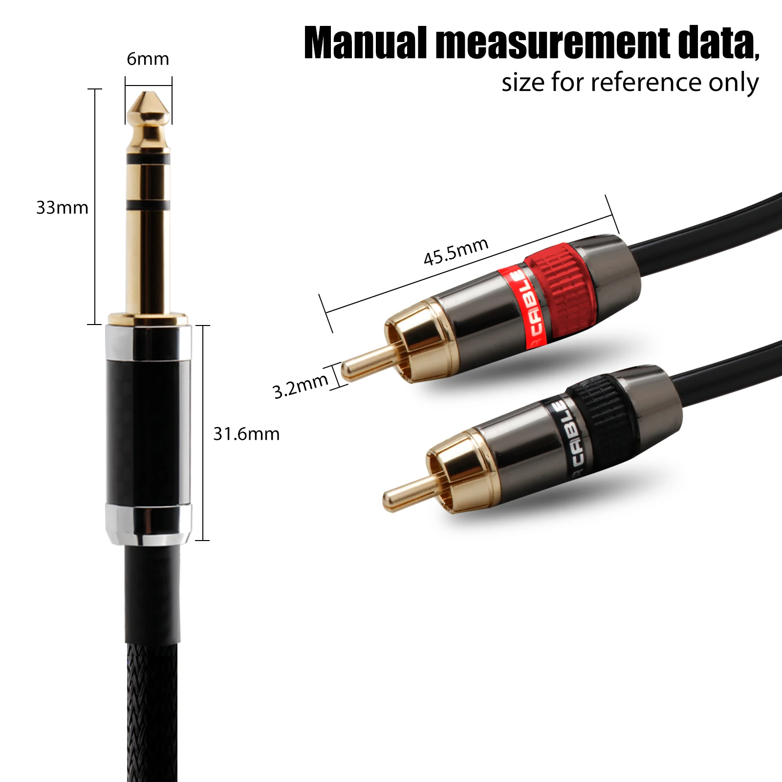 X401 High-end OFC Gold-plated Aux 6.5mm Jack to 2RCA Male Connectors Cable with Anti-Interference Magnetic Ring for Amplifier