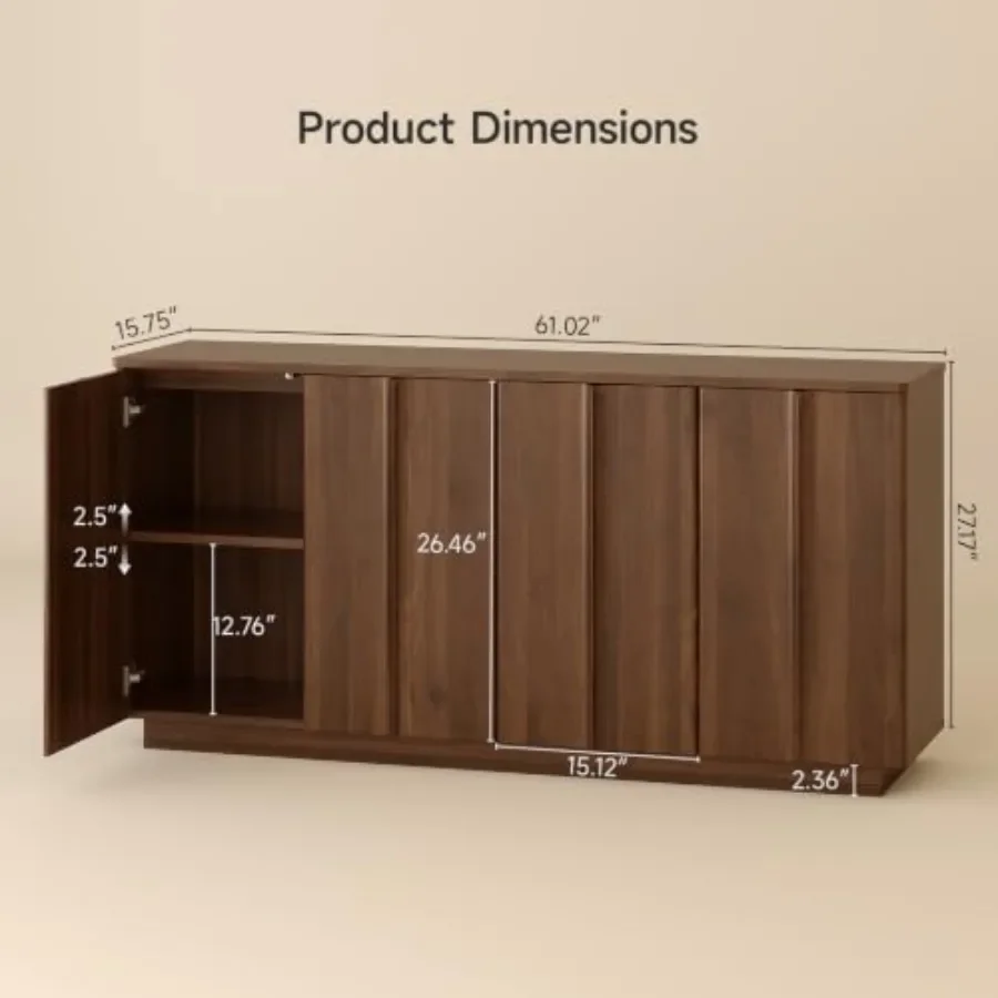 61 Sideboard Buffet Cabinet with Storage for dining room, engineered wood, walnut finish, spacious concealed storage and sleek