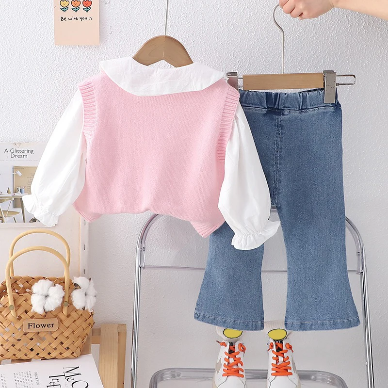 Spring Baby Girls Clothing Sets Children Knitted Vest Shirt Floral Jeans Infant Princess Clothes Cartoon Rabbit Kids Outfits