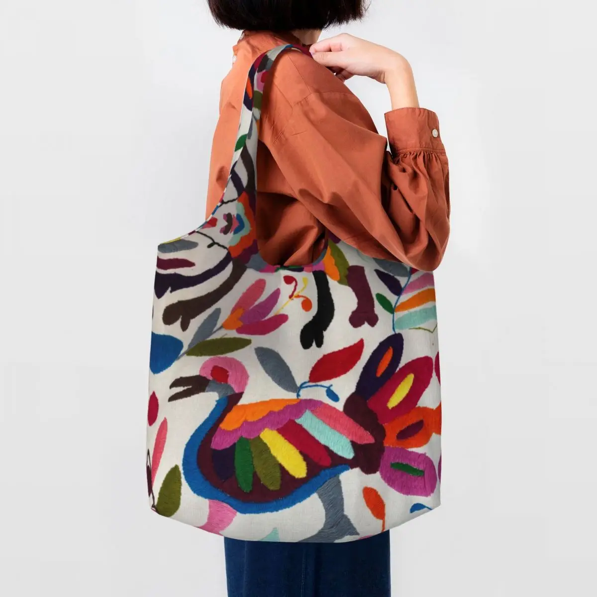 Custom Mexican Otomi Embroidery Grocery Tote Shopping Bag Floral Textile Canvas Shopper Shoulder Bag Big Capacity Handbags