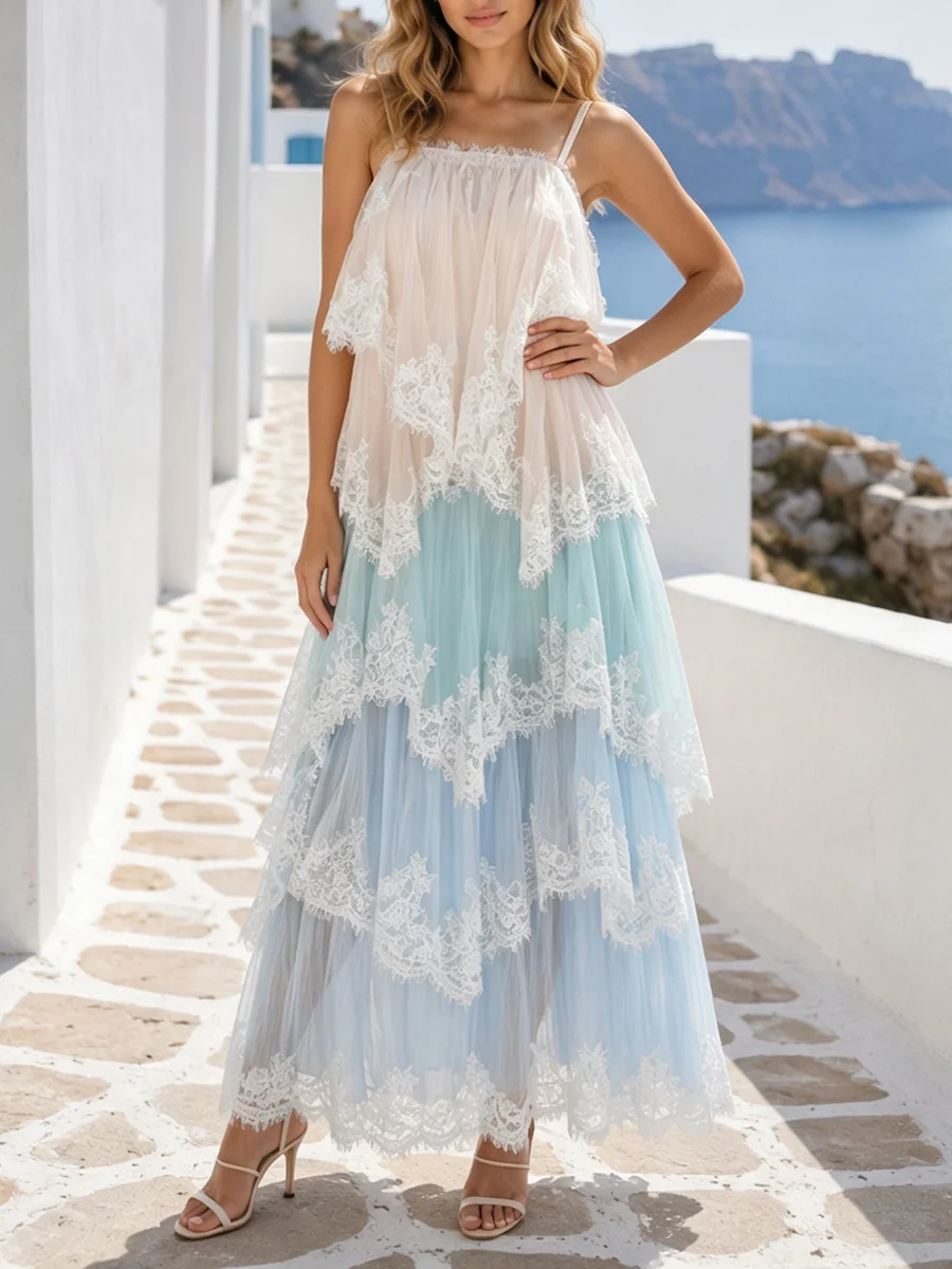 VGH Bohemian Gradient Cami Maxi Dress for Women Lace Tiered Ruffled Layered Hem Criss Cross Lace Up Back for Evening Party Dress
