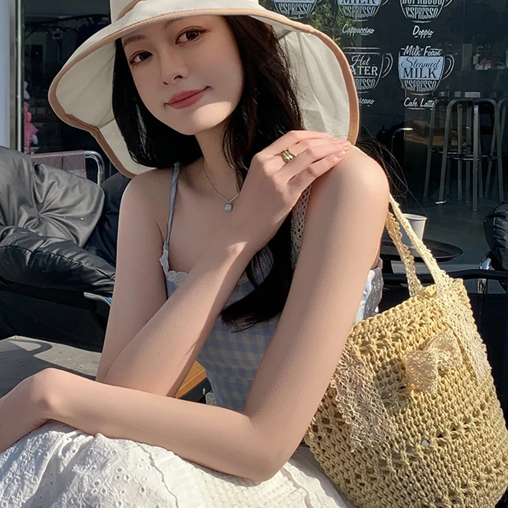 

Shopping Bag Sweet Women Straw Woven Bag Lazy Style Large Capacity Knitted Handbag Soft Hollow Out Tote Bag Beach