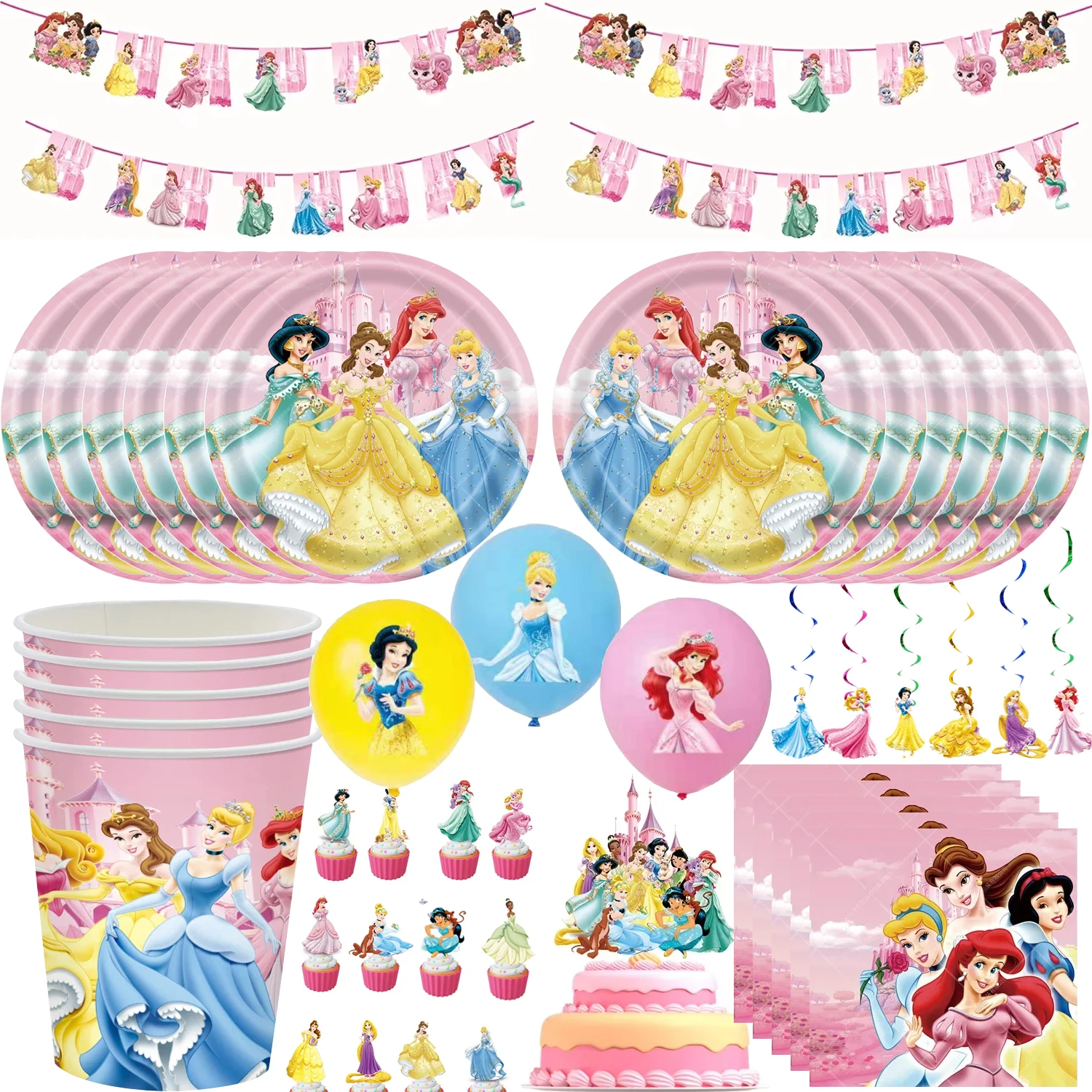 

Princess Theme Party Decorations Disposable Tableware Girl Birthday Party Supplies Princess Cup Plate Tablecloth Cake Topper