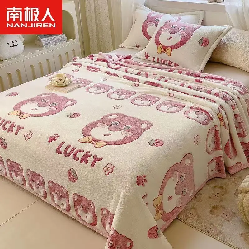 Velvet Bed Sheet Cartoon Bear Thickened Winter Warm Blanket Version Bed Cover Queen King Bedspread Home Decor Coverlid 1.8/2m