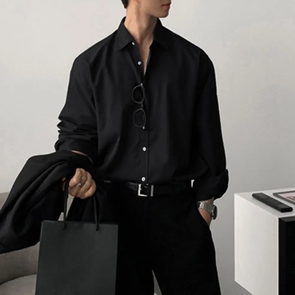 Camisa de manga larga con cuello vuelto para hombre, camisa suelta de un solo pecho, negocios formales, Color sólido, transpirable, longitud media, Top