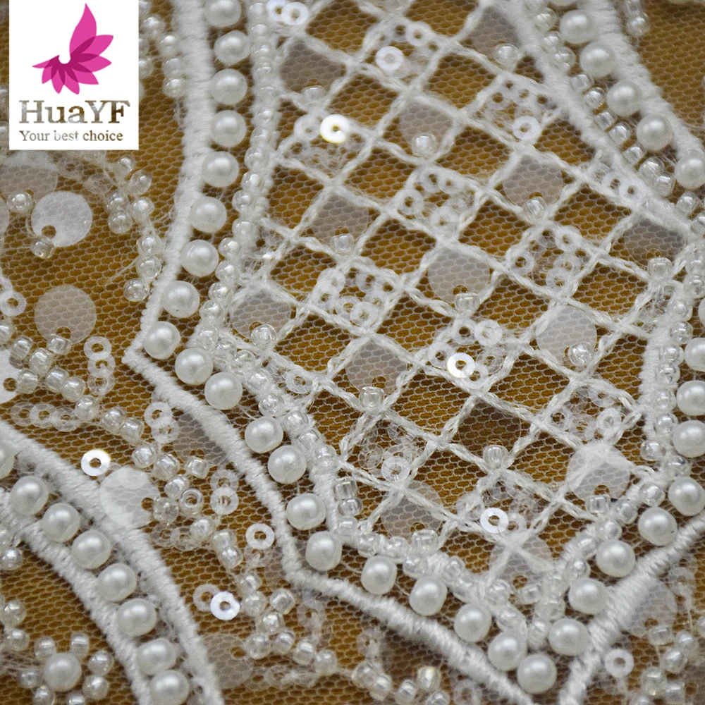 

1 Yard Gorgeous White 3d Beaded Pearls Lace With Crystal Sequins French Wedding Bridal Dress Fabric HY2417