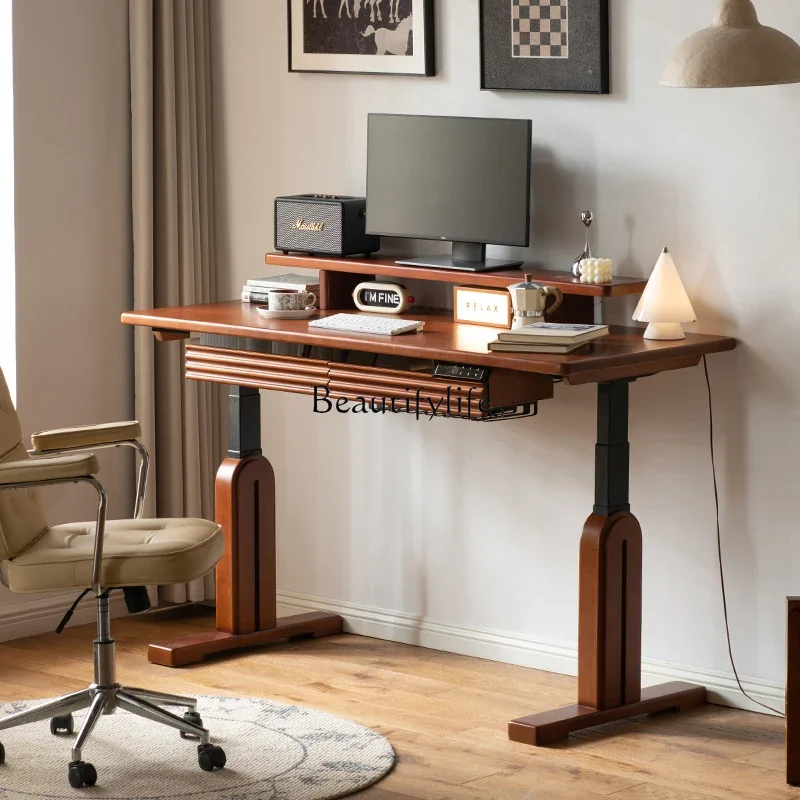 

LRetro electric lifting solid wood desk home study desk student writing desk