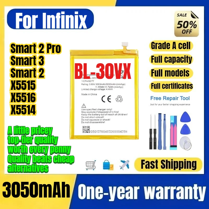 BL-30VX for Infinix Tecno Smart 2Pro/Smart 3/Smart 2/X5515/X5516/X5514 Phone Battery Replacement Bateria Grade A Cell with Tools