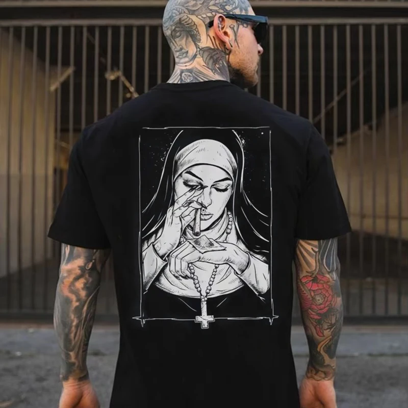 

Men's T Shirt Nun Tattoos Unholy Y2k Style Graphic print Cotton Tee Vintage Luxury Clothing Streetwear Oversized Casual male top