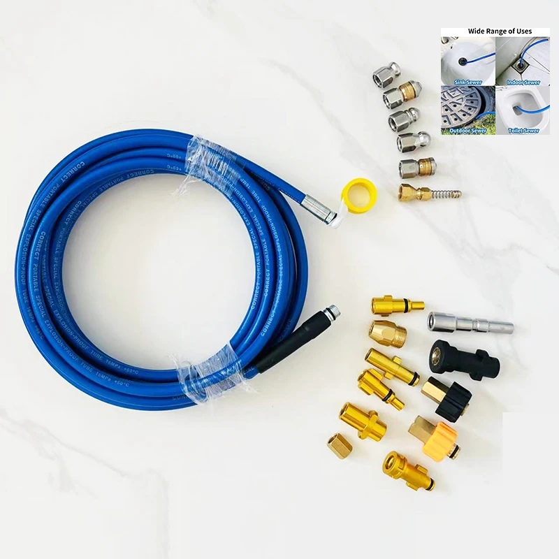 High Pressure Washer Hose Sewer Drain Water Cleaning Blue Hose Pipe Cleaner Kit 1/4 NPT Button  Rotating Sewer Jetting Nozzle