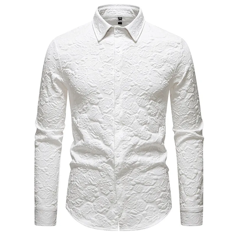 New Fashion Embossed Fabric Design Men's Long Sleeve Shirt Spring Casual Solid Business Office Shirts Male Party Nightclub Shirt