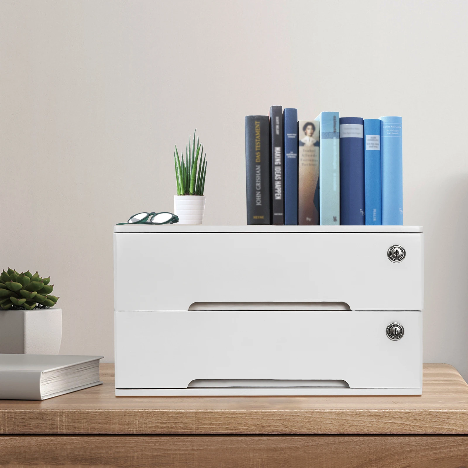 

2 Drawers White Minimalist Style Wooden Cabinet Desktop Storage Box with Lockable Drawers and 4 Keys for Office, Study, Dresser