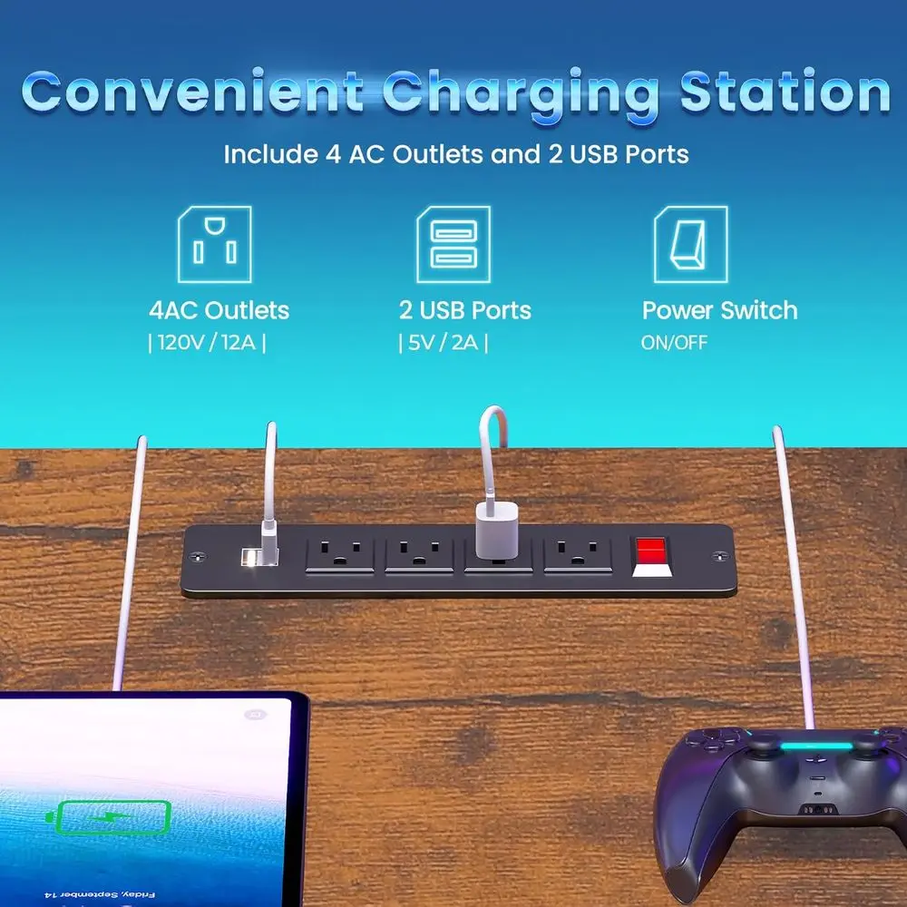 LED-lit Rustic Brown Standing Desk with Power Strip, Monitor Stand, and Keyboard Tray for Gaming and Small Spaces
