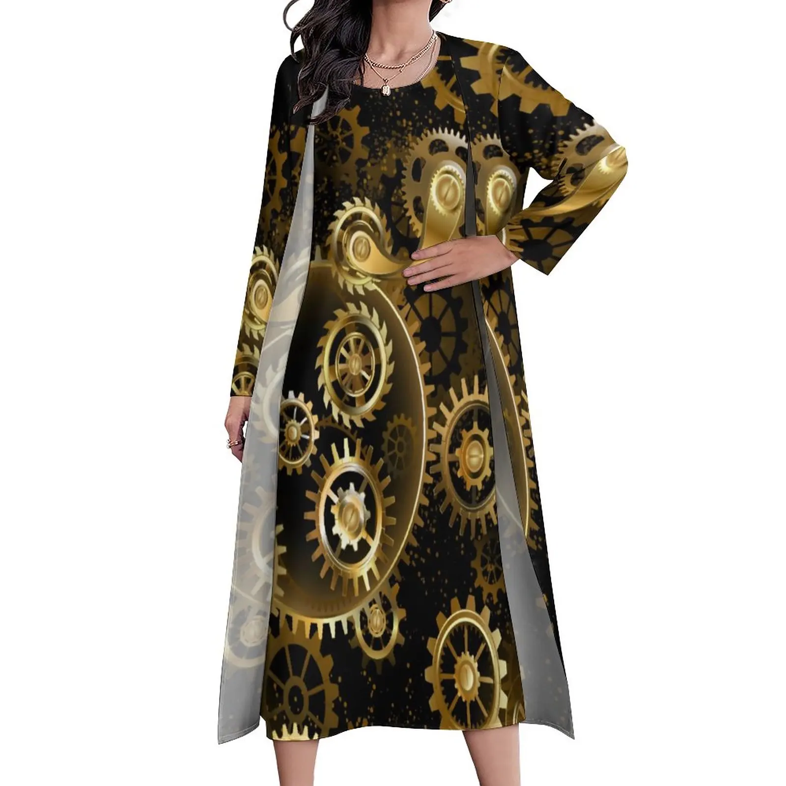 Steampunk Brass Gears Dress Retro Print Elegant Maxi Dress Streetwear Casual Long Dresses Two Piece Graphic Big Size Vestidos