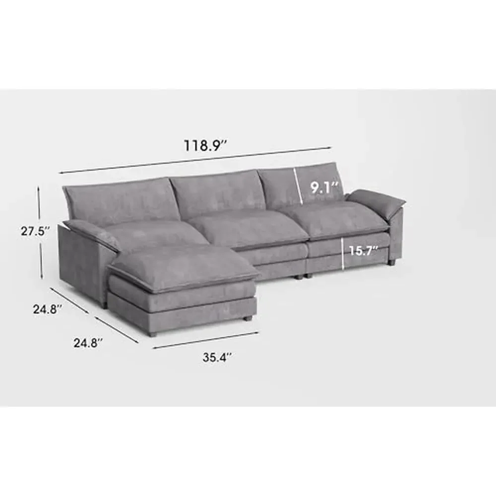 Chenille Fabric L-Shaped Sectional Couch Set with Reversible Ottoman Modern Wide Arm Sofa Ultimate Comfort