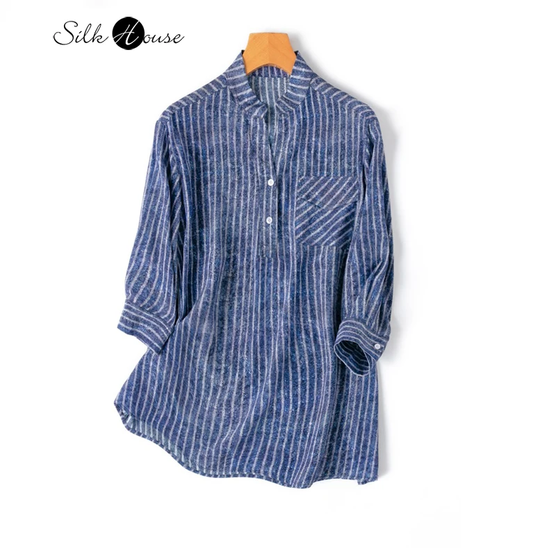 Camisa de seda de morera 2024 Natural para mujer, camisa de manga tres cuartos con cuello en V, textura vaquera, rayas verticales, nueva moda de primavera y verano, 100%