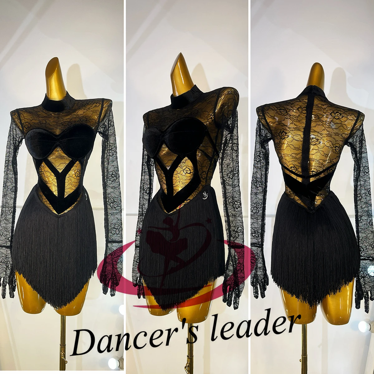 ملابس رقص اللاتينية AB Stone الإناث الكبار الأطفال الراقية مخصص الأسود الدانتيل شبكة شرابة الأسود بركة السامبا أداء اللباس