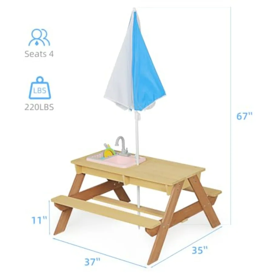 Outdoor kids picnic table with umbrella, wooden sand and water table with removable top, play sink and plastic storage box, 4-s