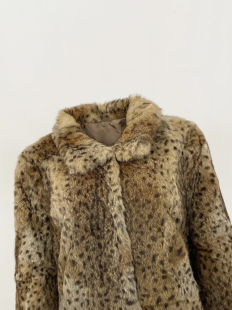 2025 New Autumn Winter Clothing Women Leopard Real Rabbbit Fur Jacket Fashion Warm Medium Length Natural Coat Lady Female