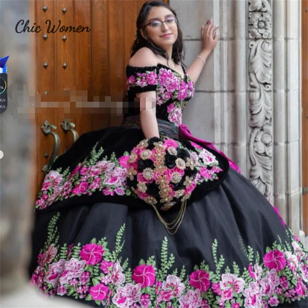 Black Floral Quinceanera Dresses Mexican Off Shoulders Charro Fifteen Birthday Dress Vestido Para 15 Años Vintage Customized