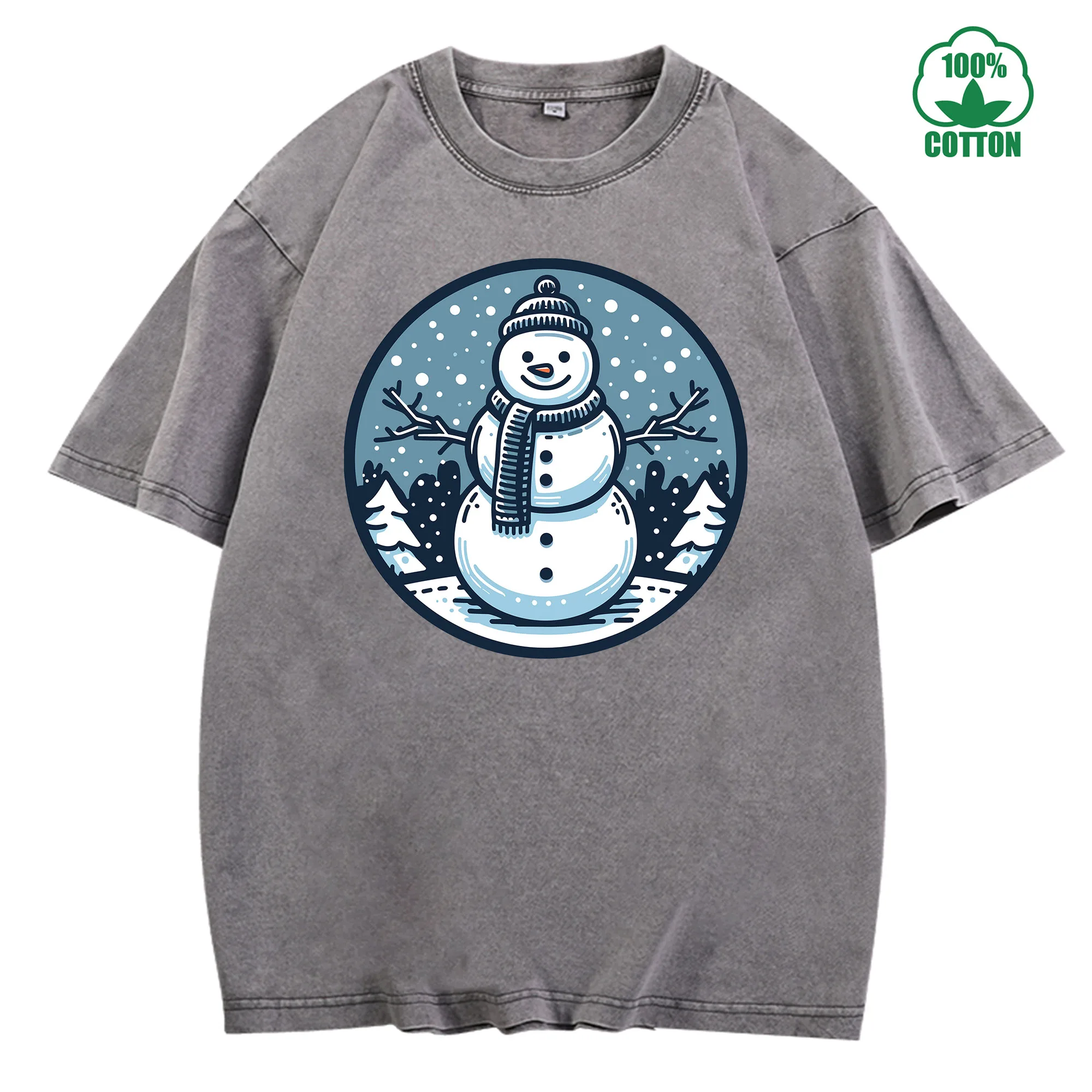 Christmas Snowman Vintage Washed T-Shirt 230g 100% Cotton Unisex Comfortable Oversized Streetwear