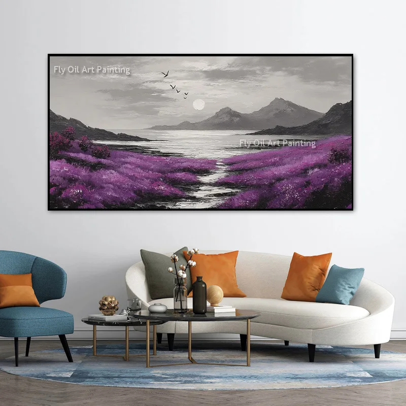 Large Purple Gray Knife Thick Canvas Landscape Oil Painting Hand Painted Lavender Meadow Artwork Home Decor Items