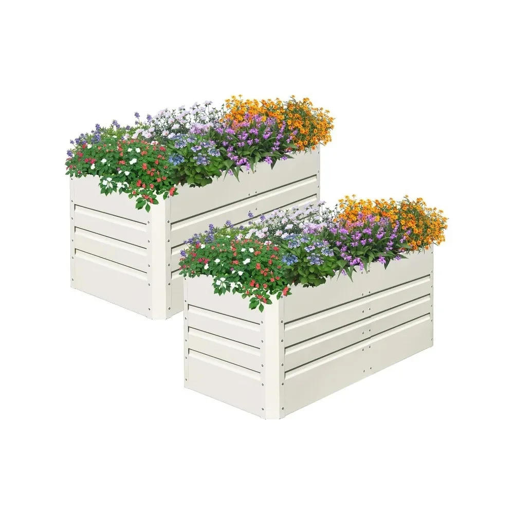 2 Pcs 4x2x2FT Raised Garden Bed Galvanized Planter Garden Boxes Outdoor,Deep Root Planter Bed for Vegetables Flowers,Beige White