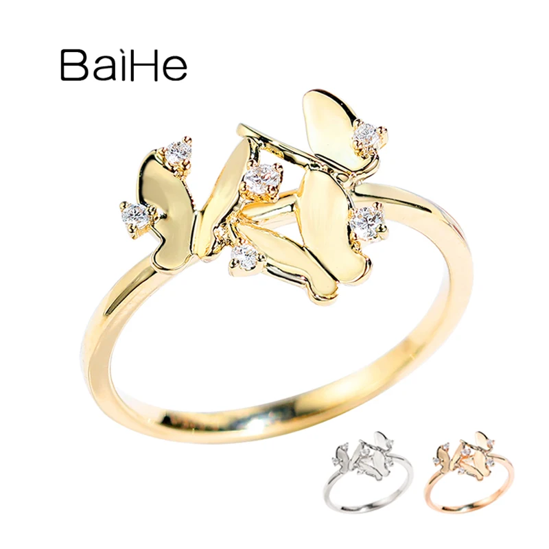 

BAIHE Solid 14K White/Yellow/Rose Gold 0.06ct H/SI Round Natural Diamonds Fine Jewelry Wedding Beautiful butterfly diamond Ring