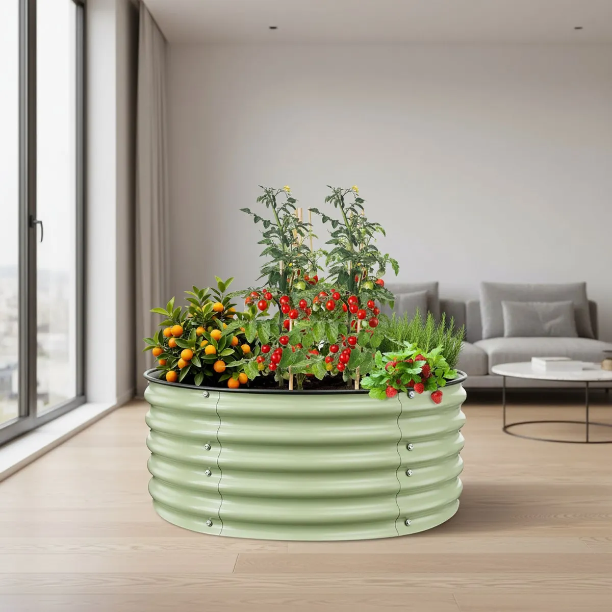 Galvanized Round Garden Planter 3.5ft Wide Tall Metal Vegetable Herb Flower Outdoor Raised Bed