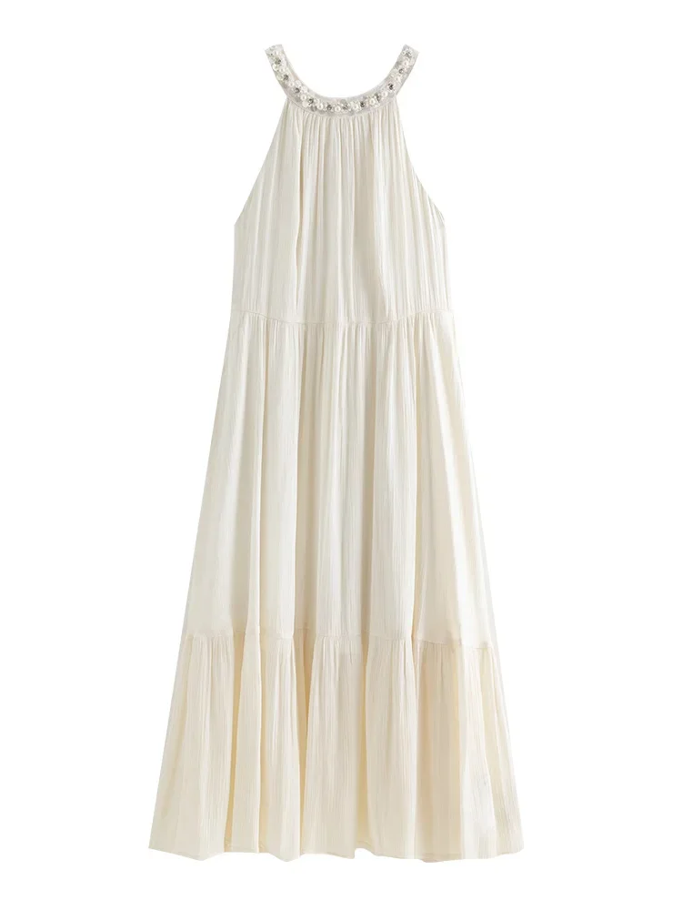 DUSHU Beige Holiday Halter Dress 2024 Summer New Women Long Loose Thin Dress Beaded Neckline Decoration Chiffon Dress 24DS82815