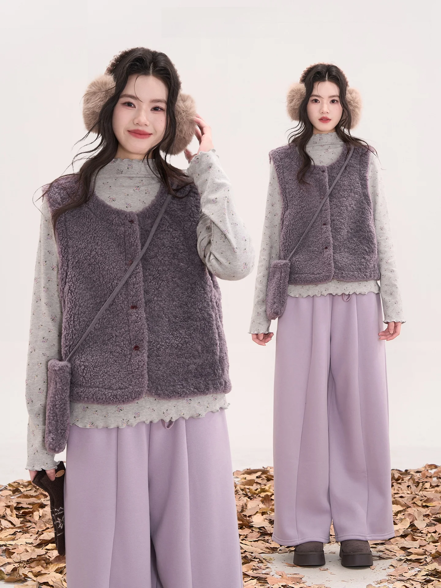 

Жилет из овечьей шерсти Heme Encounter Retro Bean Paste Purple Fur Jaet, однобортный, с круглым вырезом, утепленный, зимний