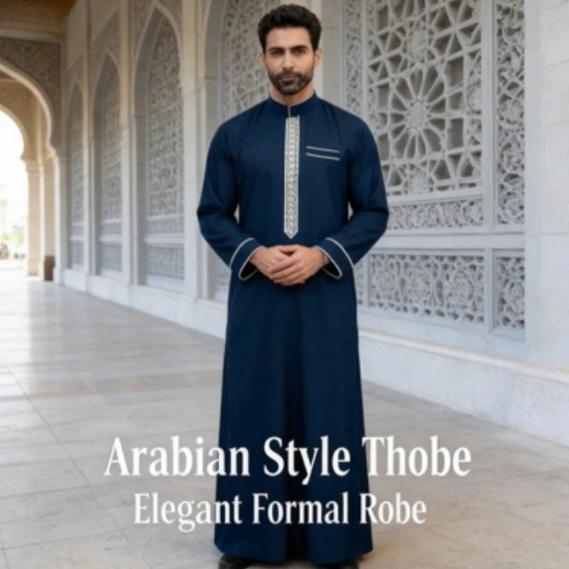 

Middle Eastern Men Long Robe Long Sleeve Embroidery Stand Collar Arabic Loose Men Muslim Thobe