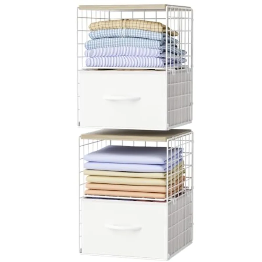 

2 Pack Stackable Storage Drawers, Closet Organizers and Storage Shelves with Wooden Top and Adjustable Dividers, White Fabric C