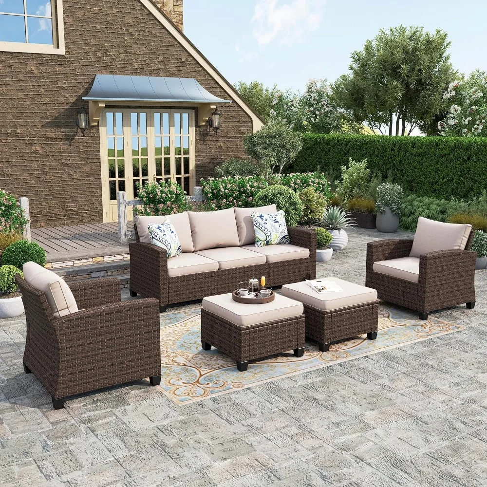 Furniture Set with Fire Pit Table,6 Pieces Outdoor Wicker Conversation Set for Garden, Poolside, Backyard Mesa Plegable Jardin