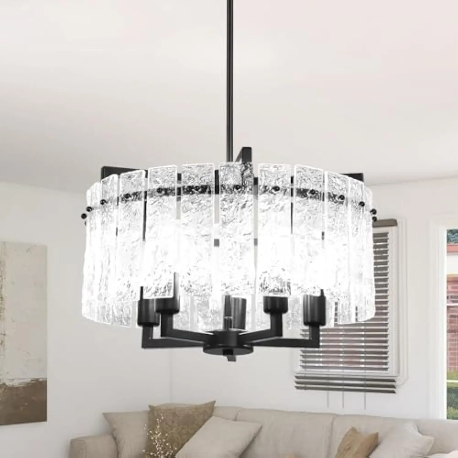 

Dllt Modern Round Crystal Chandelier, 5-Light Black Water Ripple Glass Pendant Lighting, 19 Semi Flush Mount Light Fixtures Wit