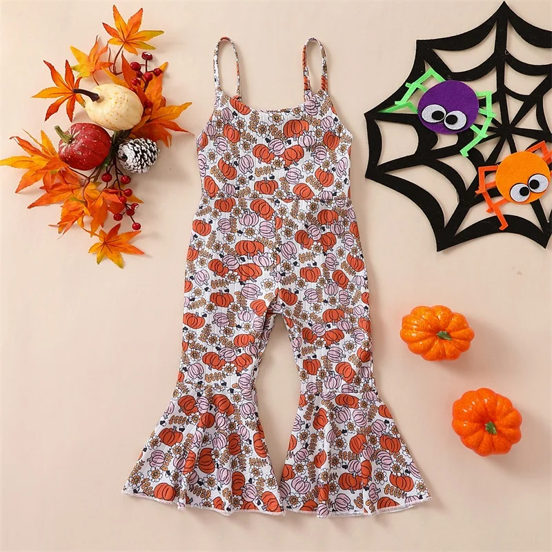 

Toddler Girls Halloween Romper Sleeveless Ghost Print Jumpsuit Suspender Flare Pants Strap Playsuit Costume for Fall