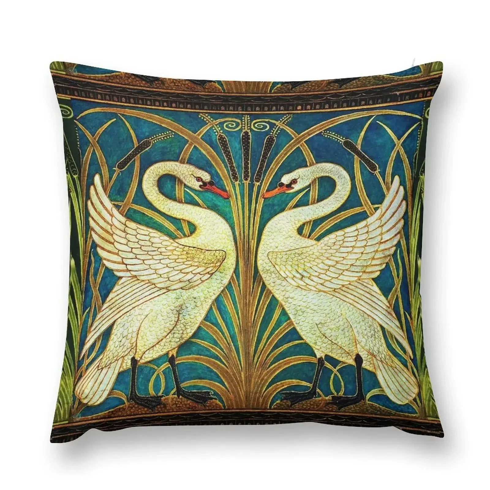 TWO WHITE SWANS AMONG REEDS IN BLUE Art Nouveau Animals Throw Pillow Custom Cushion Photo Ornamental Pillow Pillow Case